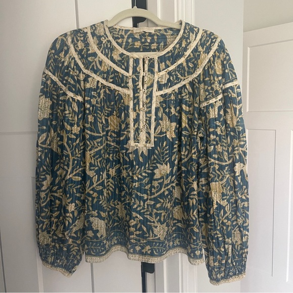 Ulla Johnson Kirana Lanai Printed Boho Blouse Blue Tan Floral - Picture 2 of 5